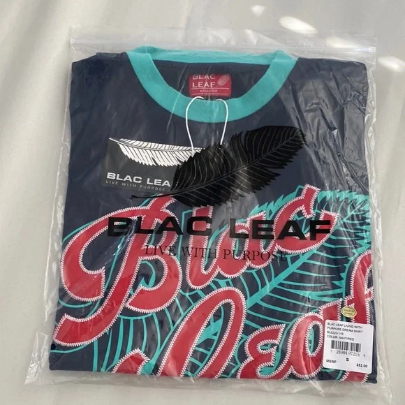 Men’s Short Sleeve Baseball Tee Blac Leaf Print Blue Blac Leaf Size S - Picture 5 of 6